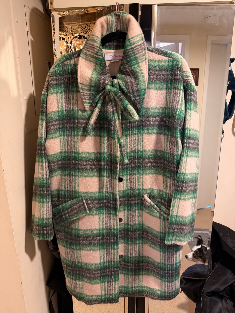 Lisa Says Gah Green & Cream Plaid Bow-Collar Coat